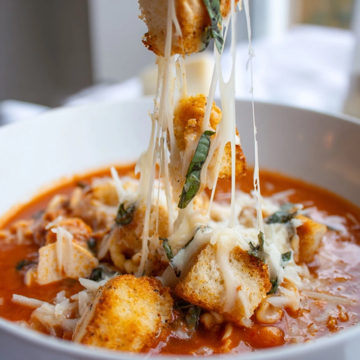 Steaming Grilled Chicken Parmesan Soup in a rustic bowl, paired with crusty bread for dipping
