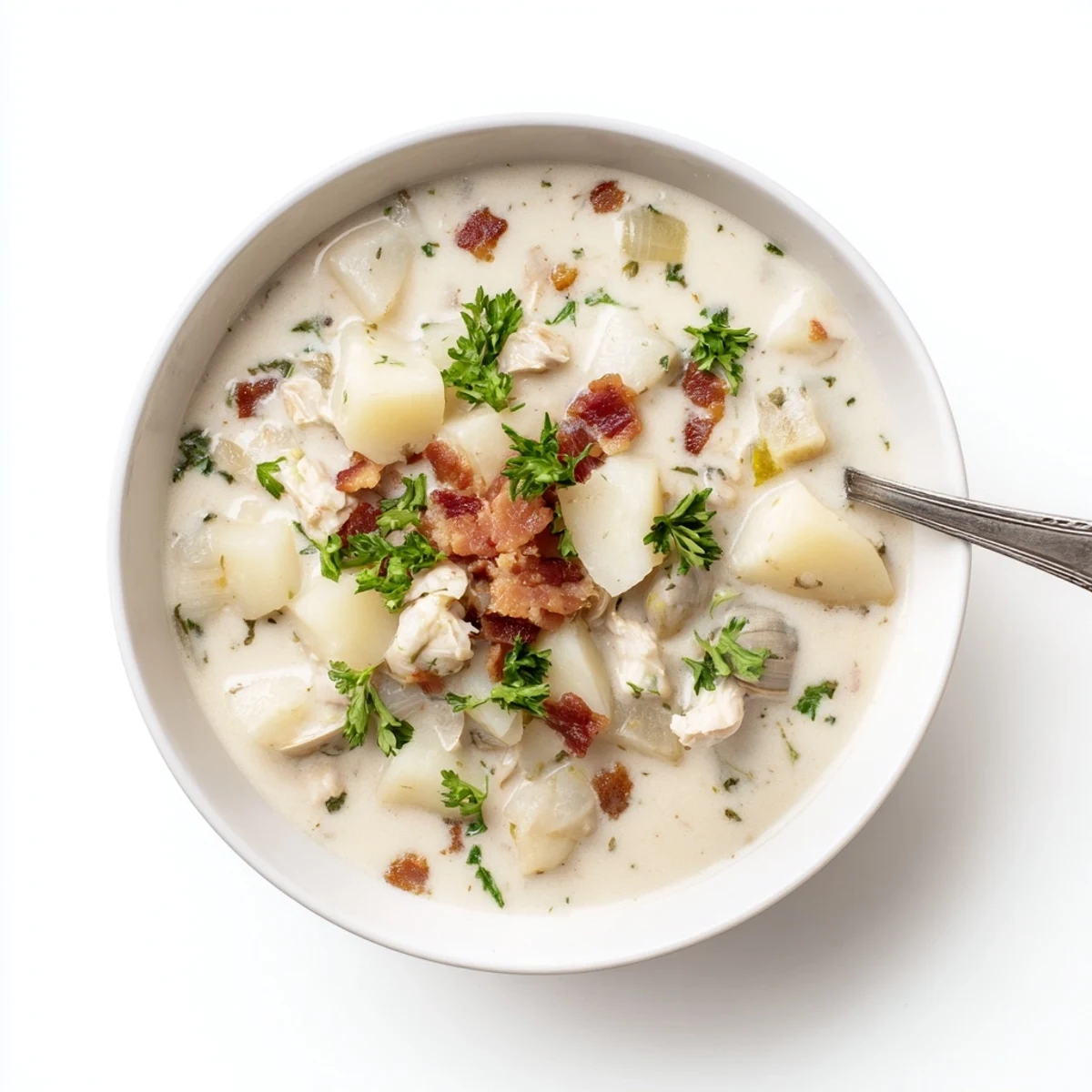 Creamy New England Clam Chowder steaming in a rustic bowl, with tender clams, diced potatoes, and crispy bacon bits.  
