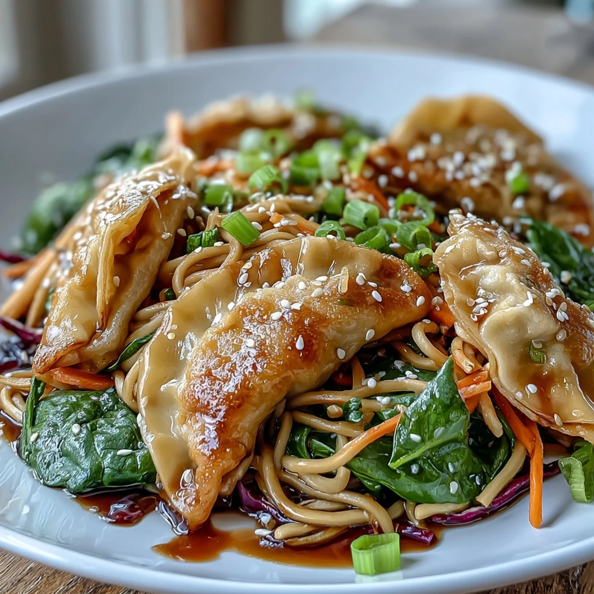 Steaming potstickers and al dente noodles mingle with vibrant carrots and cabbage in a garlicky soy sauce, ready for a quick weeknight bowl.