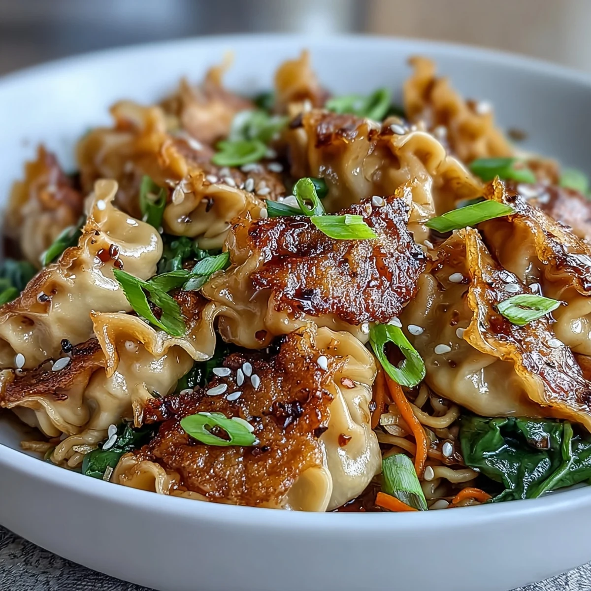 Serve this colorful Potsticker Noodle Bowl piping hot, with juicy potstickers nestled among stir-fried veggies and fragrant garlicky sauce.