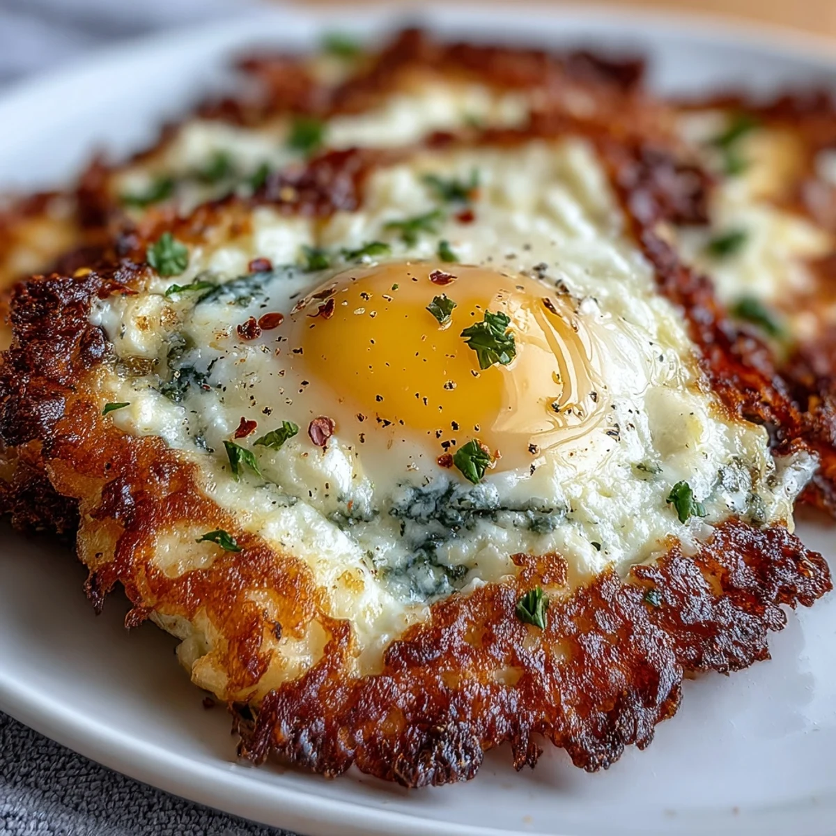 Delikatne jajka z białkami i płynnym żółtkiem na złocistym, chrupiącym łożu z fety.