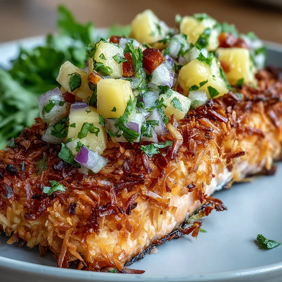 Świeże filety łososia w chrupiącej panierce z kokosa i panko, podane z tropikalną salsą z ananasa.