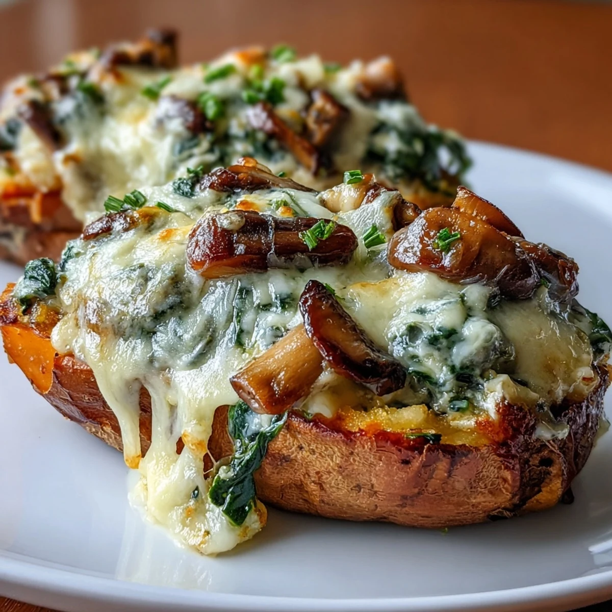 Creamy Mushroom and Spinach Stuffed Sweet Potatoes, freshly baked and topped with melted golden cheese.  