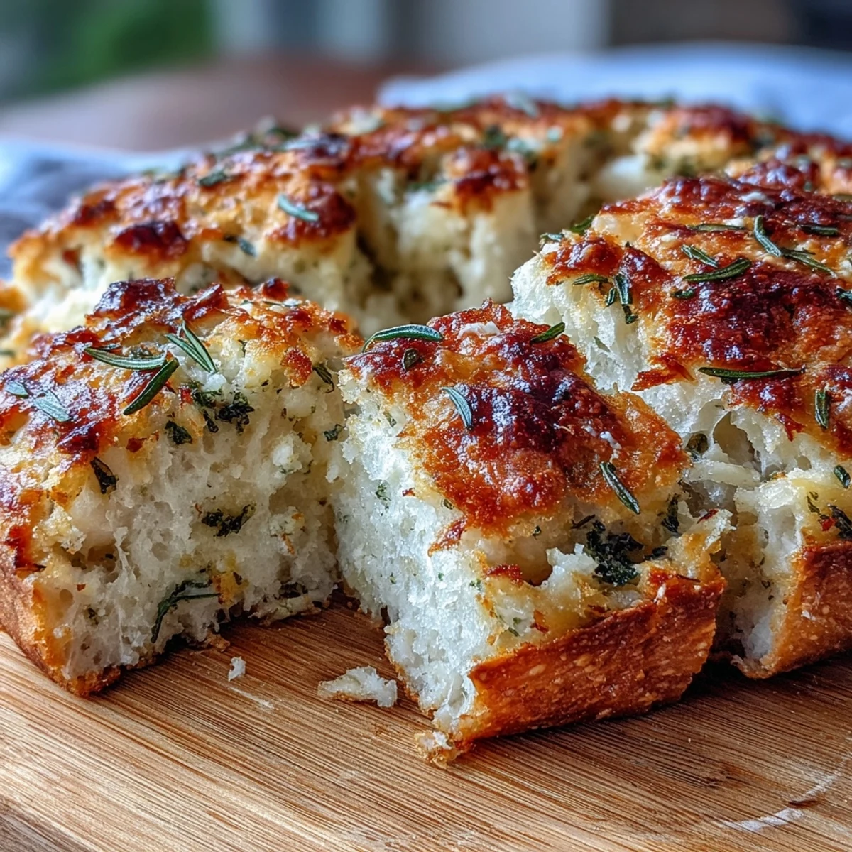Sliced Perfect Parmesan Garlic Artisan Bread with soft, airy crumb and melted Parmesan on a wooden board.