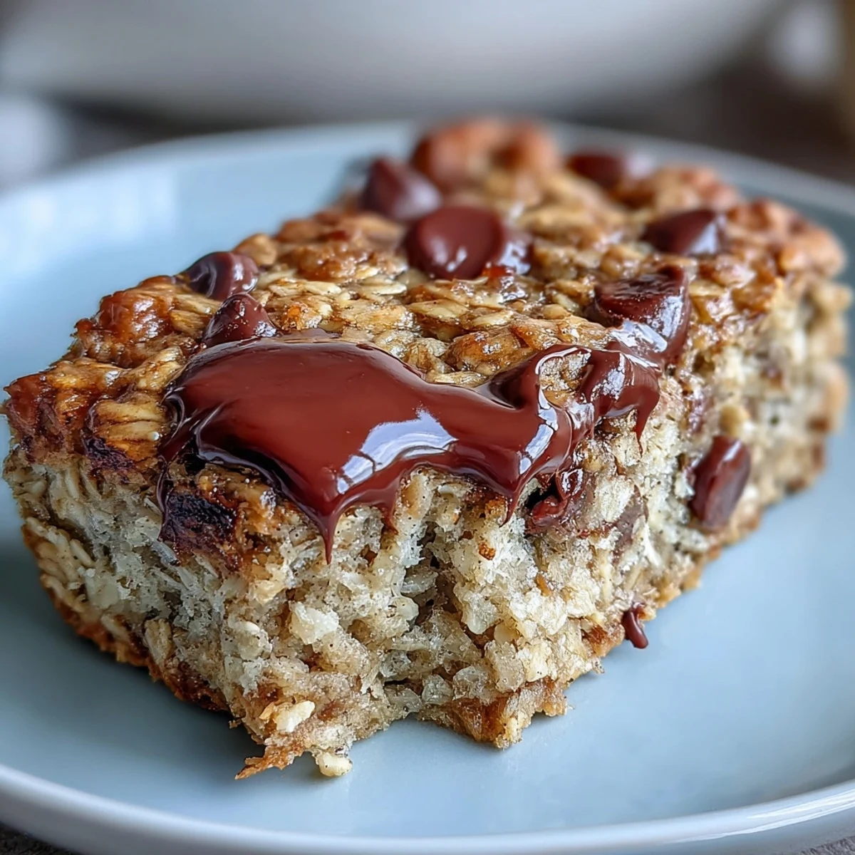 Domowe banana baked oatmeal bars podane z jogurtem i świeżymi jagodami, pyszna przekąska na wynos.