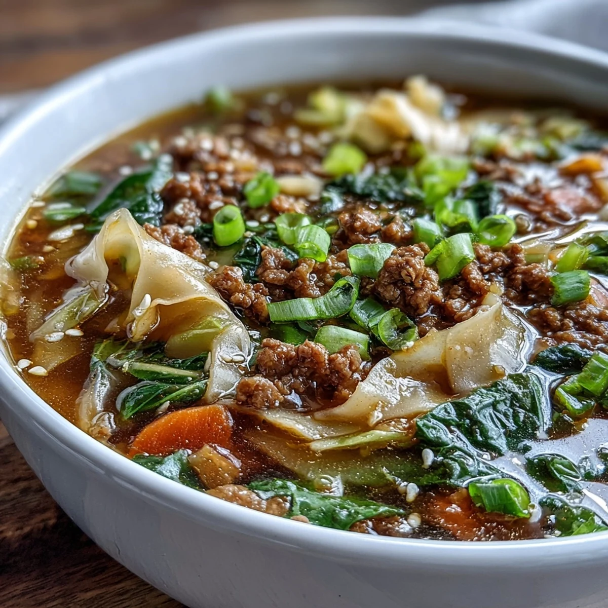 Cozy One-Pot Egg Roll Soup with Green Onions and Ginger, garnished with fresh green onions and served steaming hot in a rustic bowl.  
