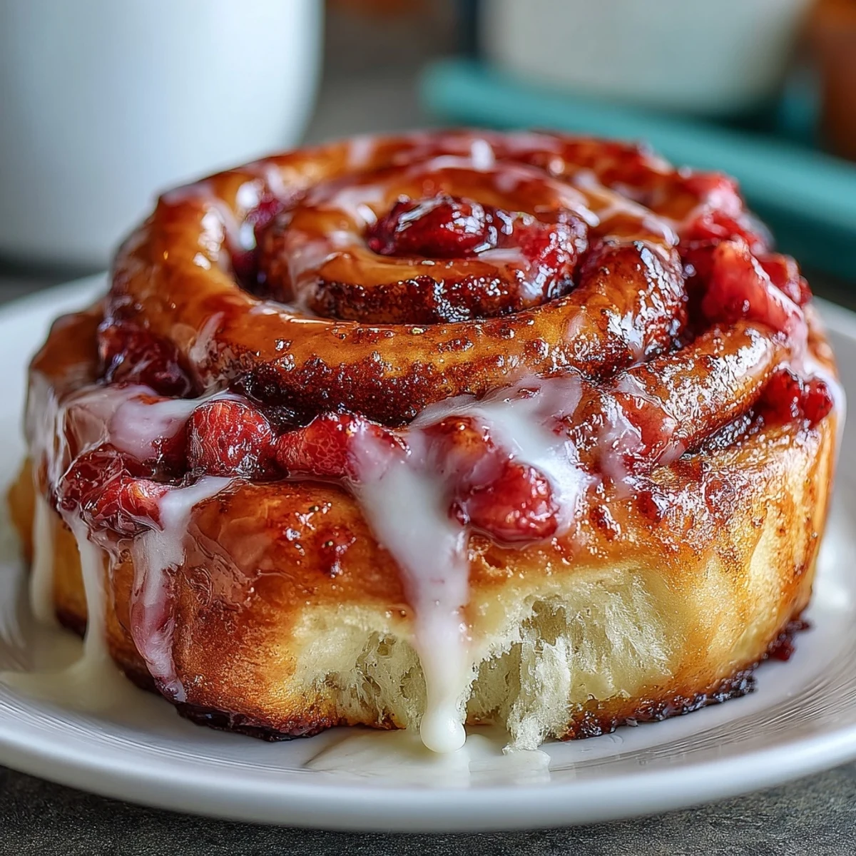 Głównym elementem są domowe cynamonowe bułeczki truskawkowe, udekorowane kremowym lukrem serowym i ułożone na drewnianej desce.