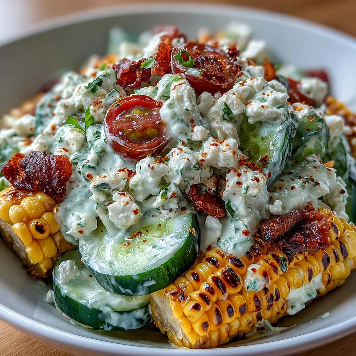 Creamy Cucumber Salad with Street Corn is topped with feta and cilantro in a bright bowl, ready for summer potlucks.