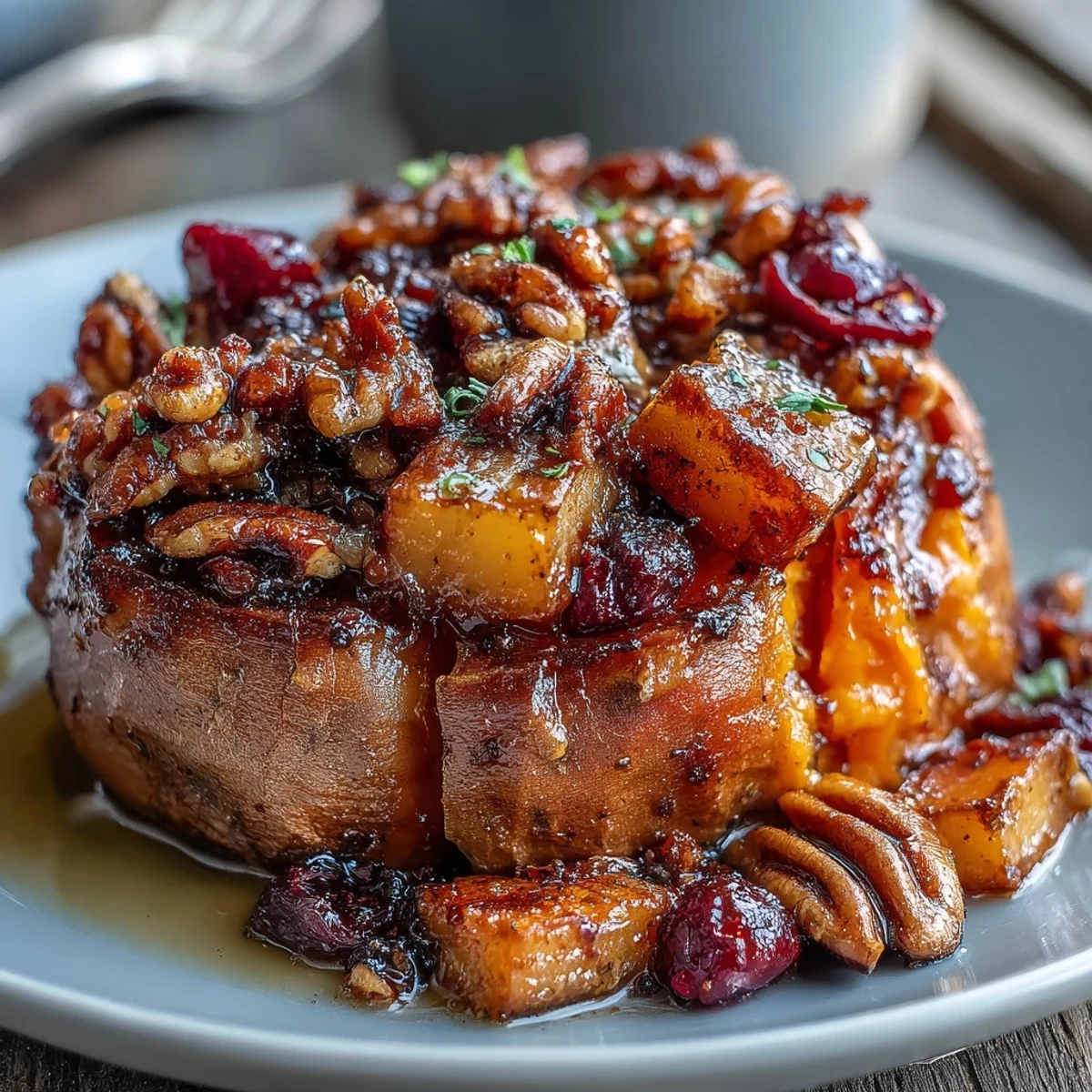 Plated Cranberry Apple Twice Baked Sweet Potatoes with a golden topping of pecans and fresh thyme.  