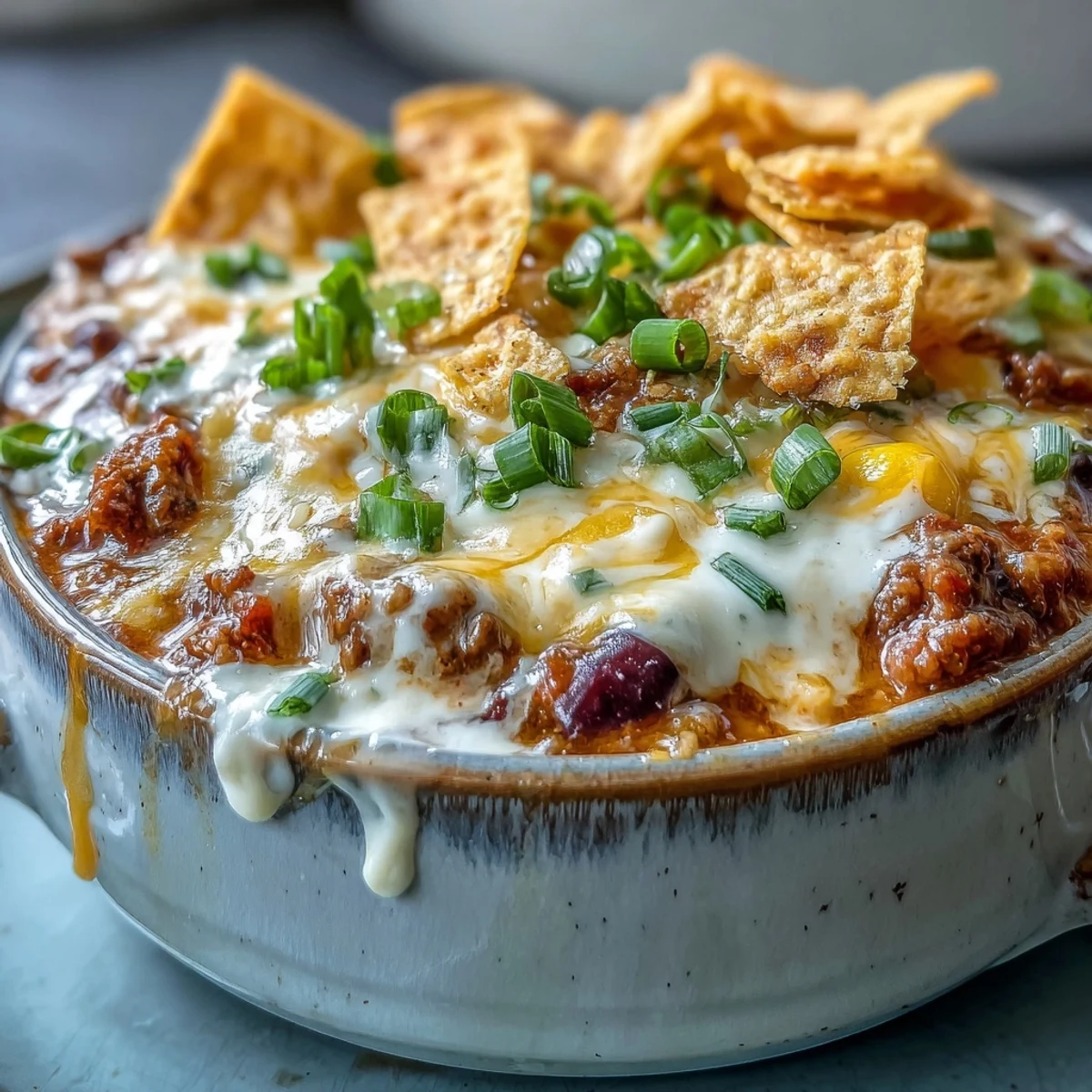 A steaming bowl of creamy taco soup topped with shredded cheese and cilantro.