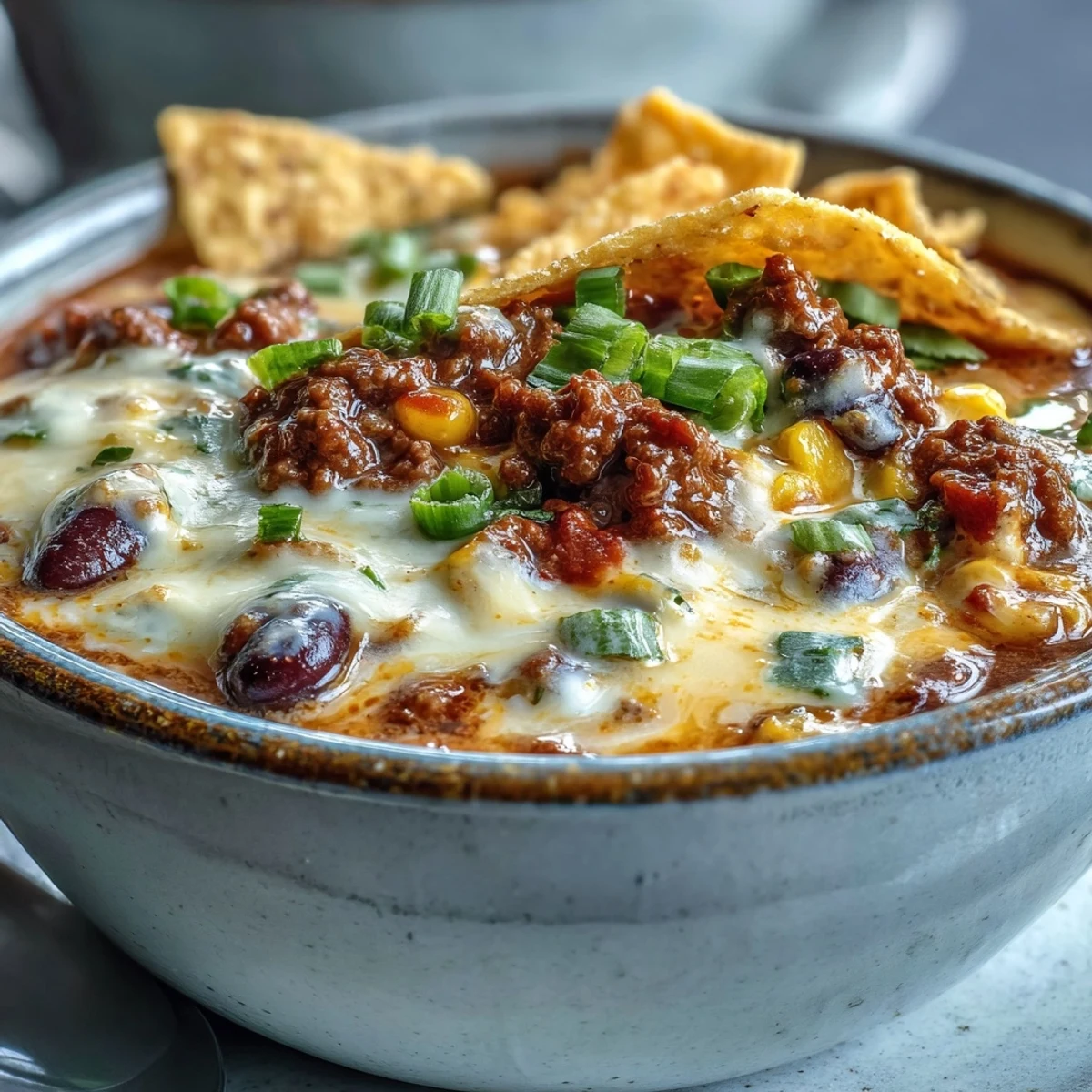 Hearty creamy taco soup in a rustic bowl, ready to be enjoyed.