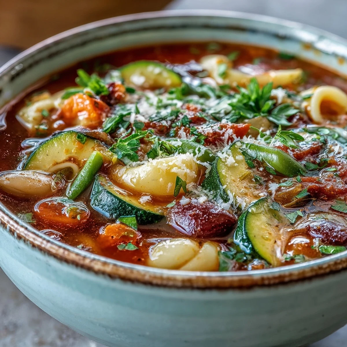 Gęsta zupa Minestrone z sezonowymi warzywami, makaronem i fasolą.