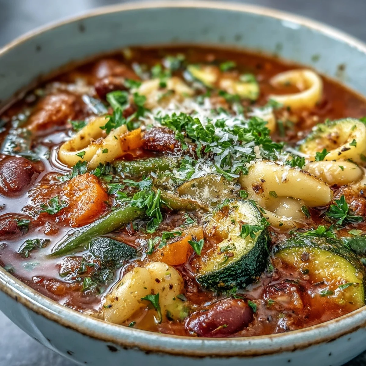 Kolorowa miska rozgrzewającej zupy Minestrone ze świeżymi ziołami i parmezanem.