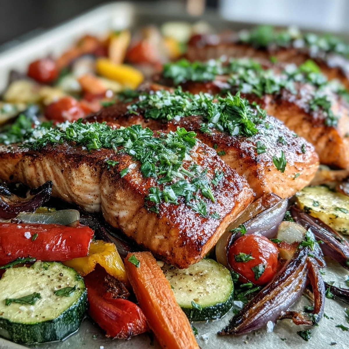 Roasted Sheet Pan Salmon and Veggies Bowl, colorful and inviting for dinner.