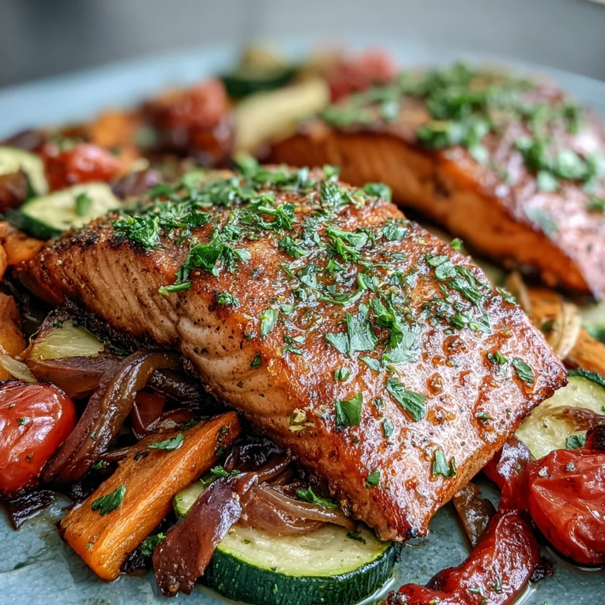 Golden salmon and caramelized Sheet Pan Salmon and Veggies Bowl ready to serve.