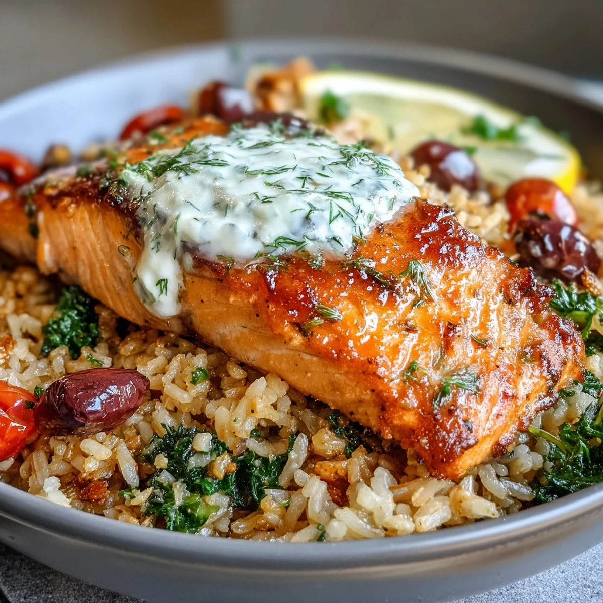 Złocisty, chrupiący ryż pod pierś z łososiem, polany jogurtolem cytrynowym.