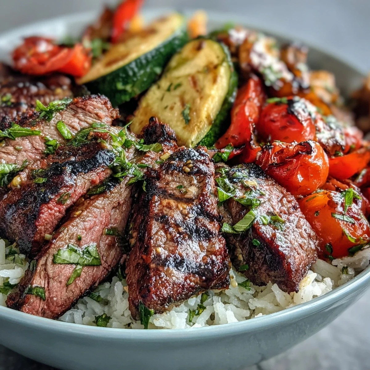 Pan-seared steak and colorful veggies served vibrantly over fluffy rice.