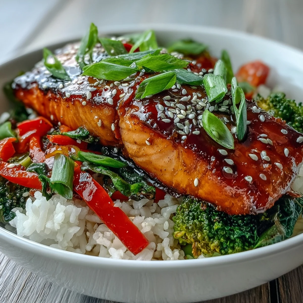 Aromatic teriyaki salmon bowl with vibrant, crisp vegetables and fluffy rice.