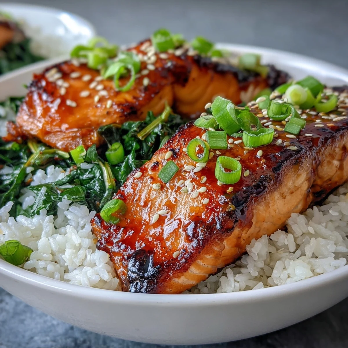 Delicious Miso Glazed Salmon Bowl, ready to be enjoyed with fresh garnishes.