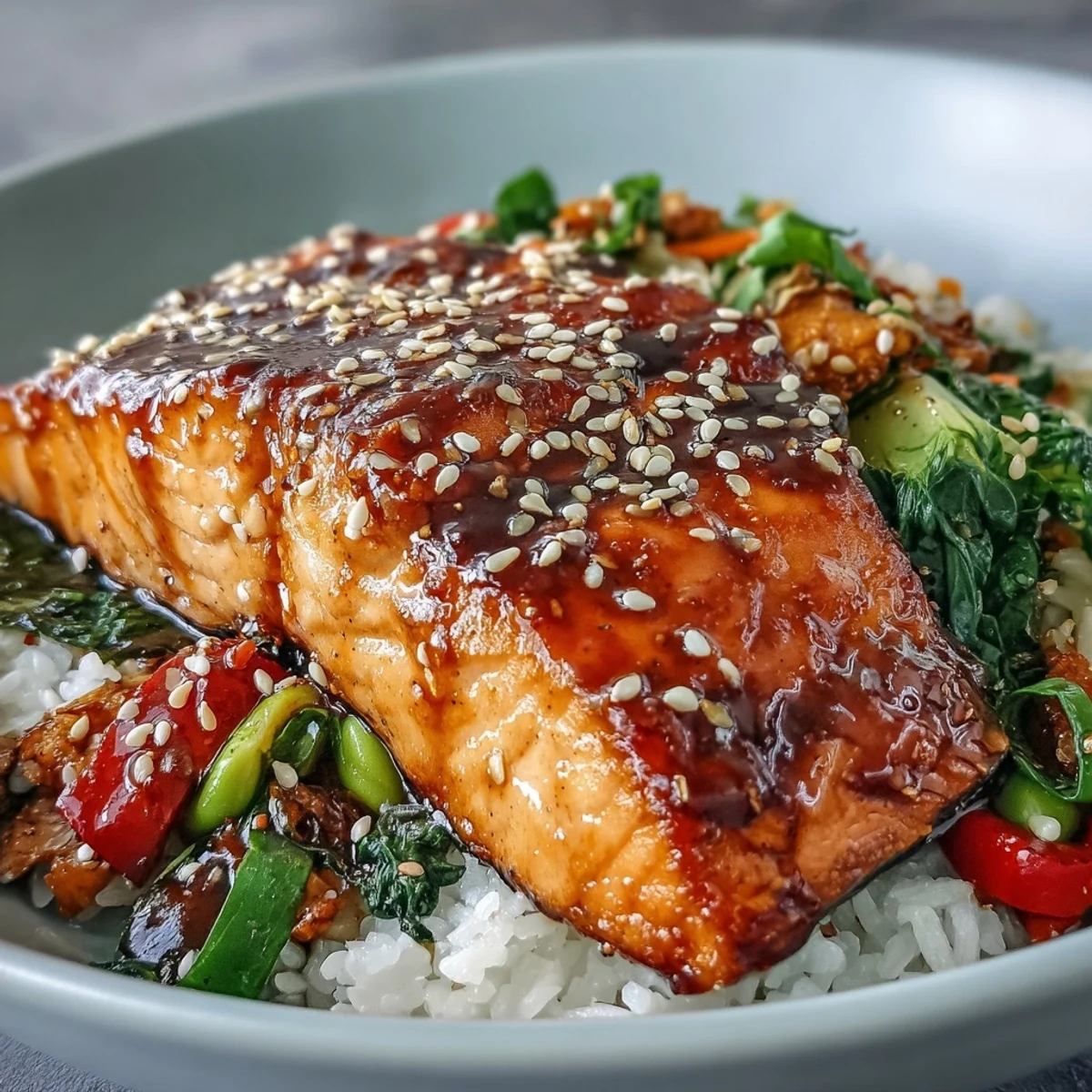 Lśniące filety łososia w orientalnej marynacie na talerzu.