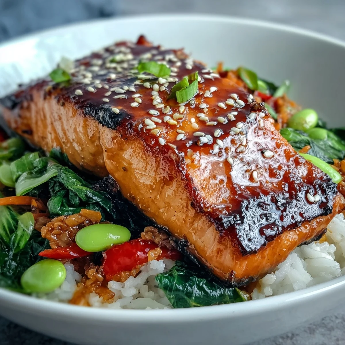 Podsmażony łosoś w misce pełnej kolorowych warzyw, idealny na obiad.