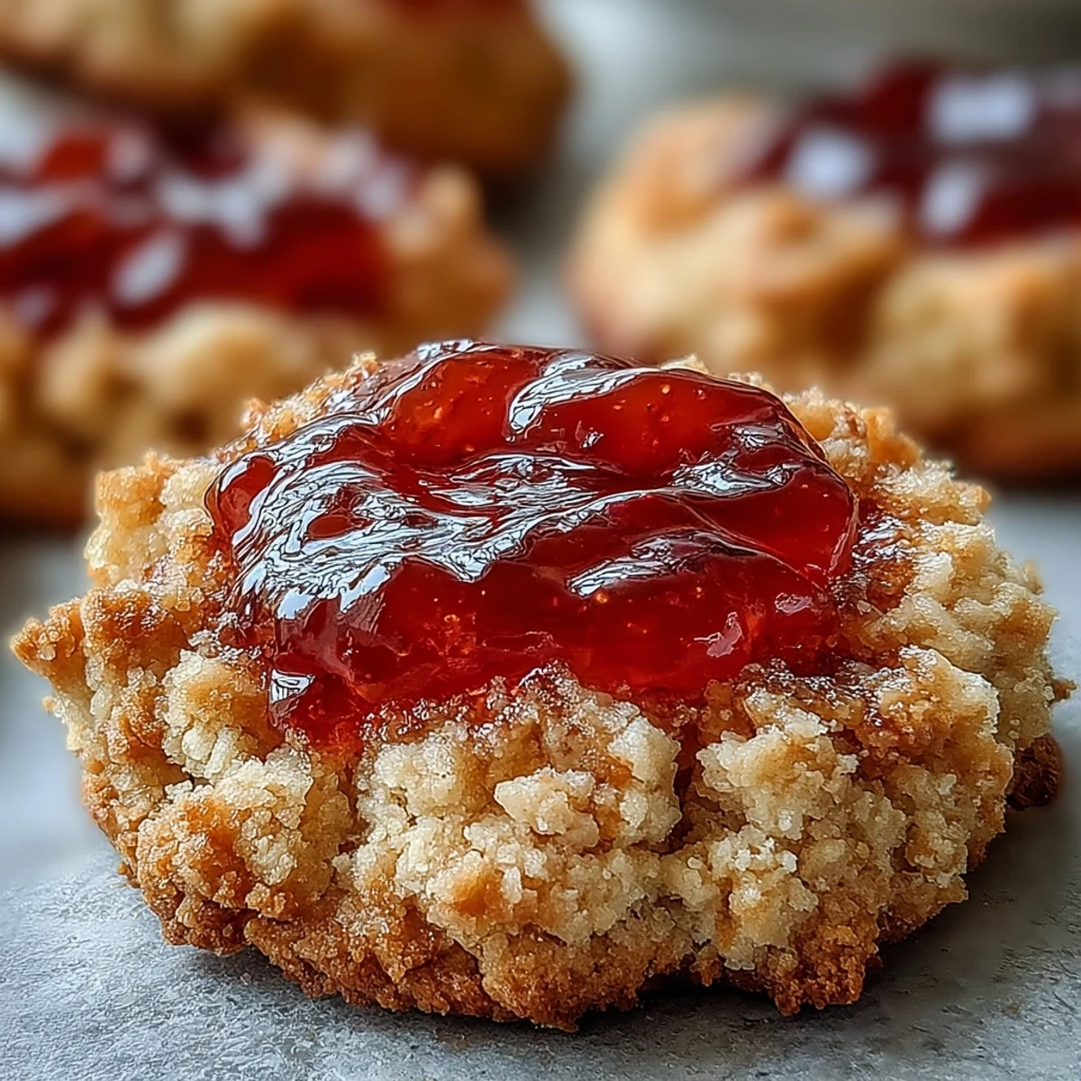 Crisp-edged guava jam thumbprint cookies arranged on a wire rack with vibrant pink filling.