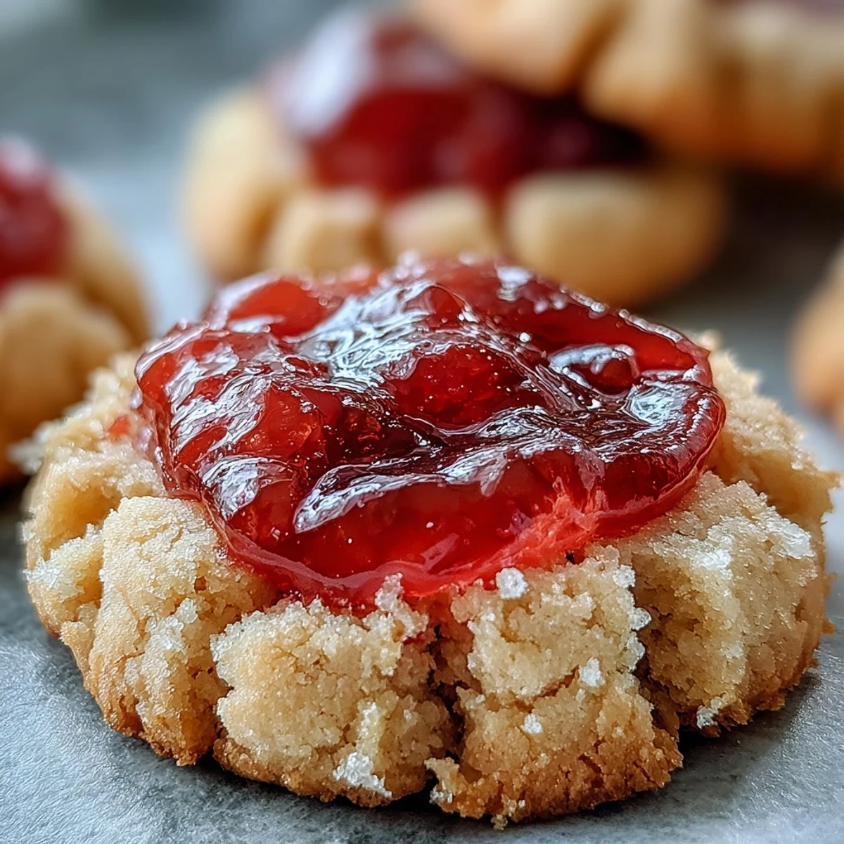 Warm guava jam thumbprint cookies cooling, highlighting the buttery, jam-filled indentation for dessert lovers.