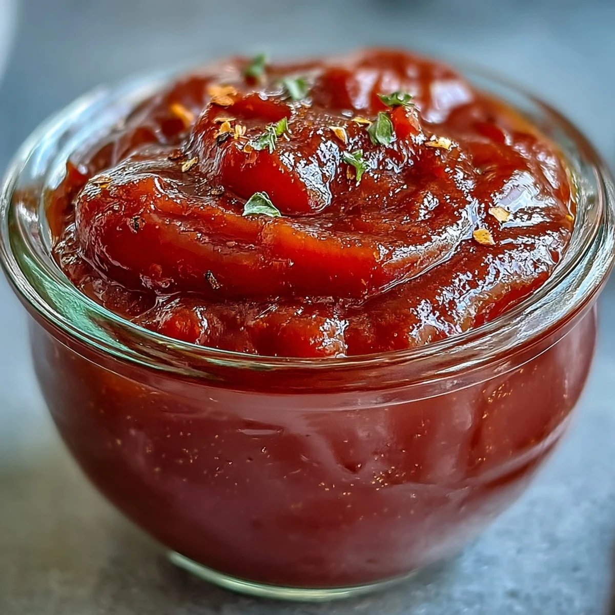 Glossy guava BBQ sauce simmering in a pan, tangy tropical aroma with smoky paprika and spices ready for brushing on grilled chicken.