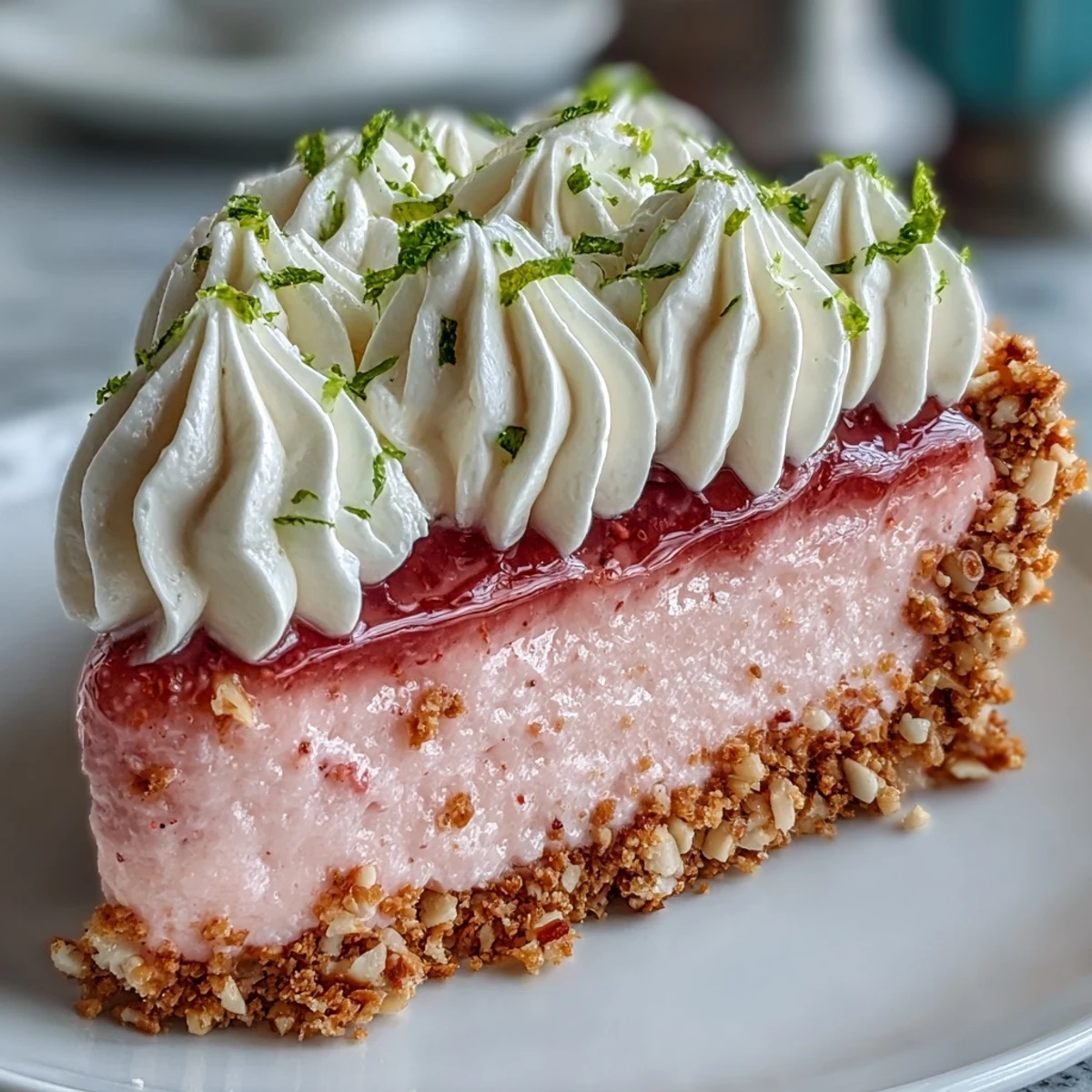 Creamy Guava Cloud Pie features a glossy, rosy filling, crunchy macadamia crust, and velvety whipped cream, garnished with lime zest for a refreshing finish.