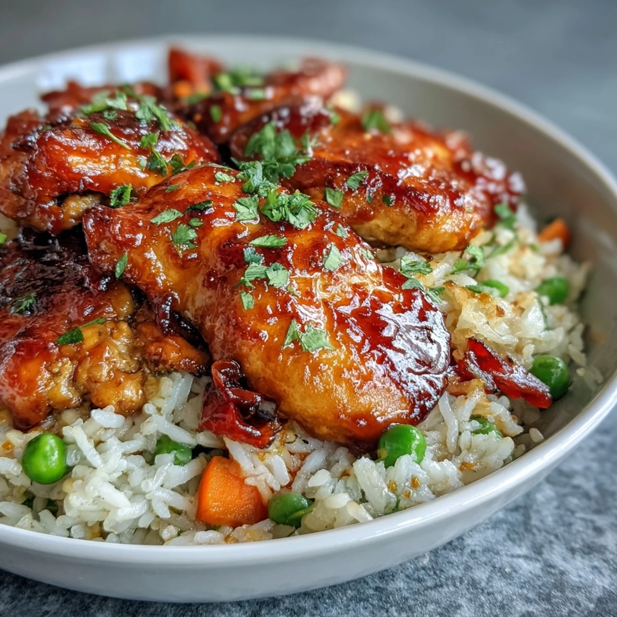 Soczyste kawałki kurczaka w miodowym sosie BBQ na chrupiącej patelni