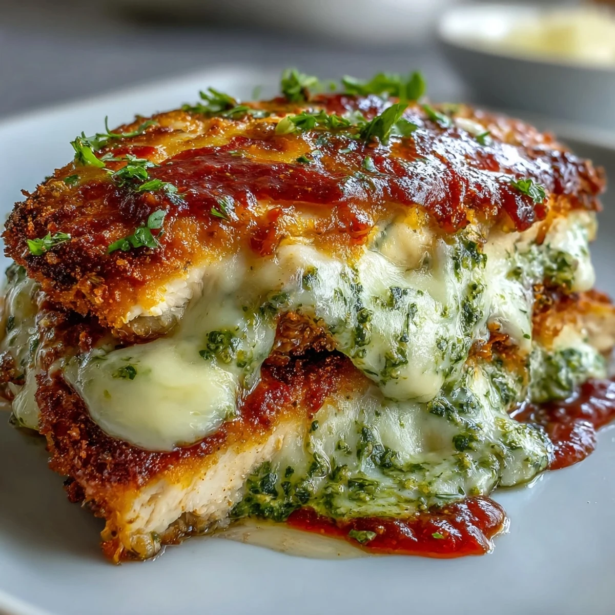 Golden-brown breaded chicken breasts baked with marinara and melty mozzarella, finished with vibrant green basil pesto.