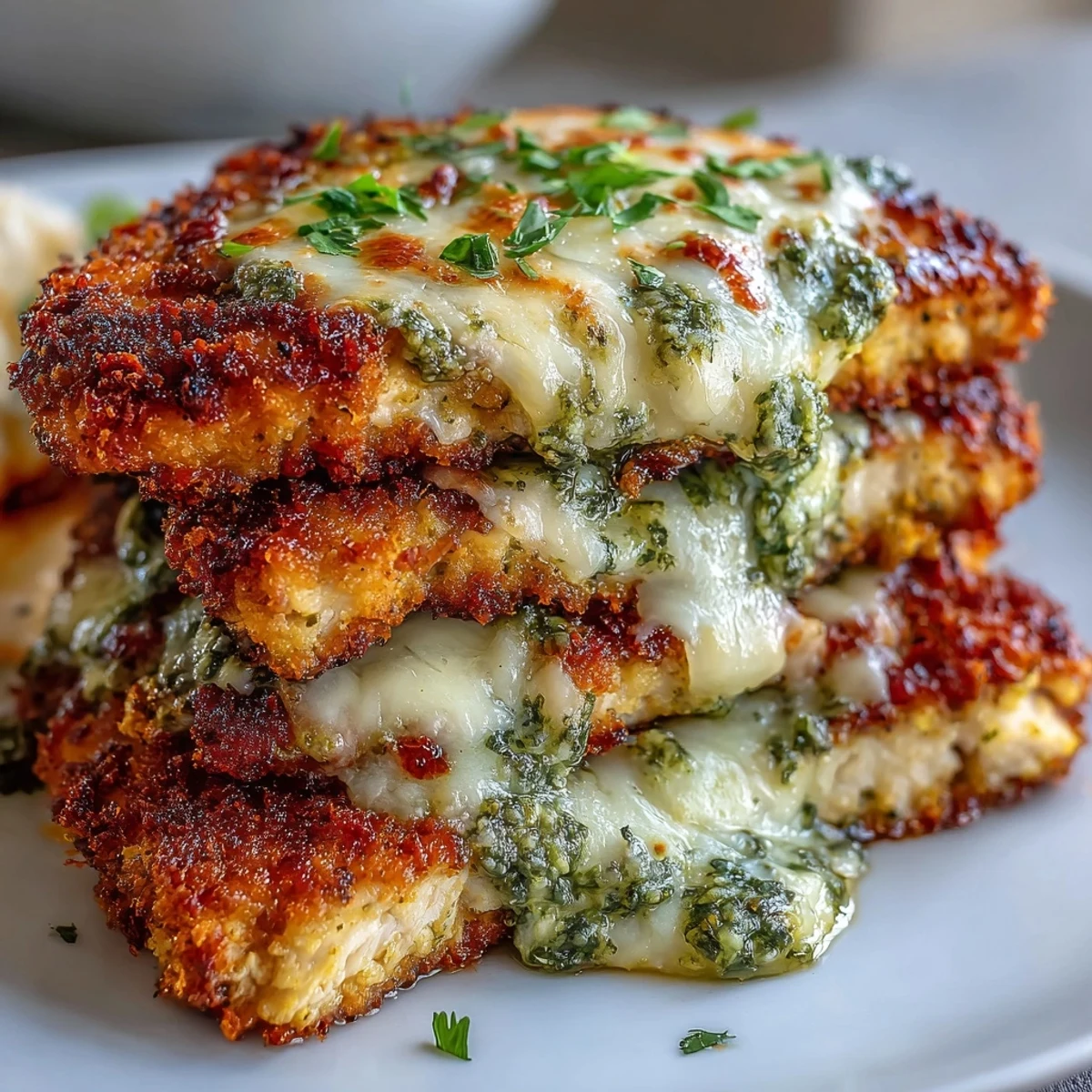 Freshly grated Parmesan and basil garnish this baked Pesto Chicken Parmesan, bubbling with marinara sauce.