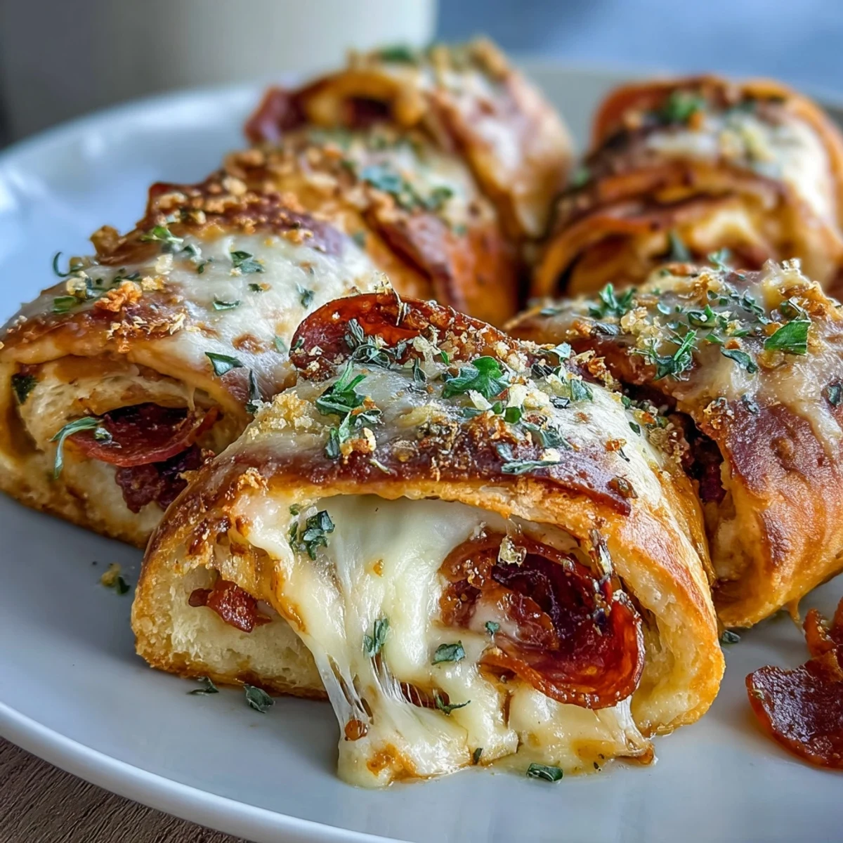 Freshly baked Irresistible High Protein Pepperoni Pizza Rolls with golden, cheesy tops and a savory pepperoni filling, perfect for a quick snack.