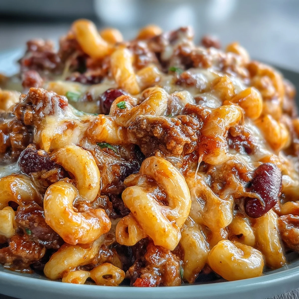 Spoonful of creamy One-Pan High Protein Chili Mac topped with green onions and sour cream.