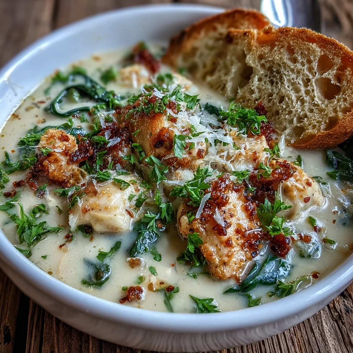 Creamy Garlic Parmesan Chicken Soup in a rustic bowl topped with fresh parsley and extra Parmesan.