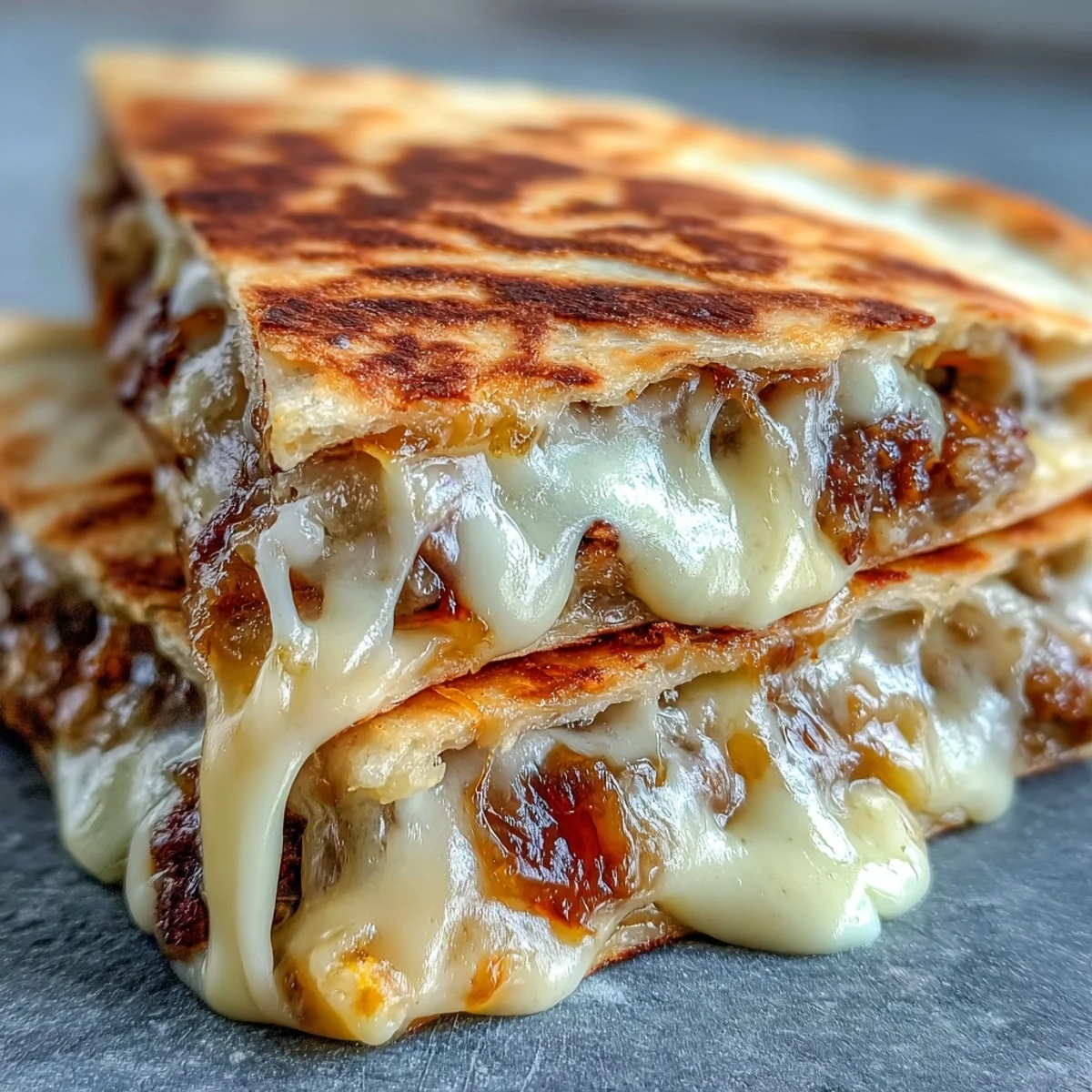 Cheesy Griddled Smashburger Quesadillas with melted cheddar and American cheese on a wooden board.