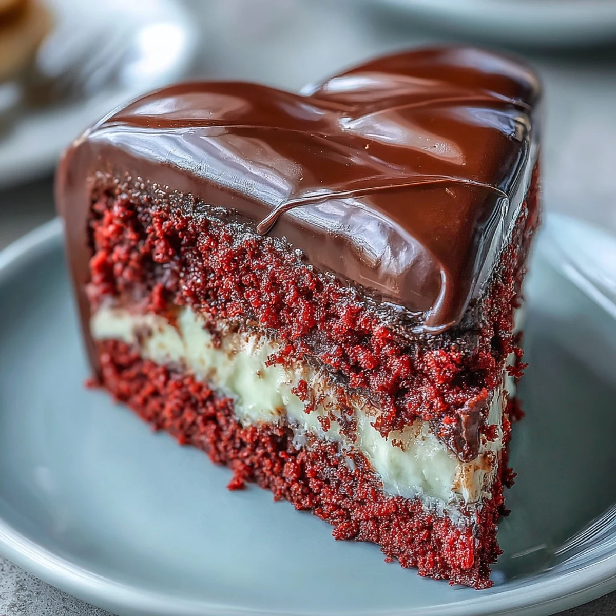 Widok czerwonej sercowej tarty Red Betty Boop Heart Cake z kremowym lukrem na sosjerce.