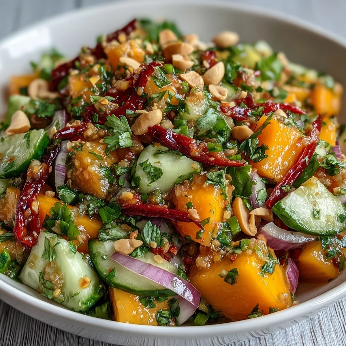 Refreshing Mango Salad with Lime Dressing features mango strips, red onion, and cucumber tossed in a honey-lime vinaigrette flecked with cilantro and chilies.