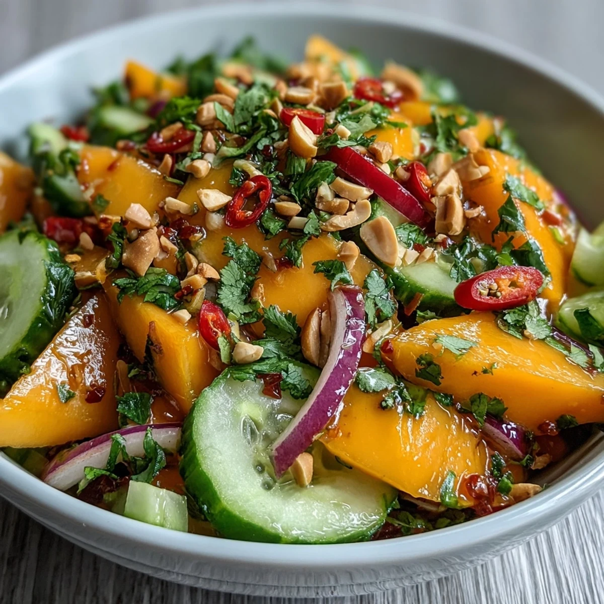 Bright red onion, Thai chilies, and cilantro add zesty kick to mango strips in this gluten-free salad, plated as a refreshing dinner side.