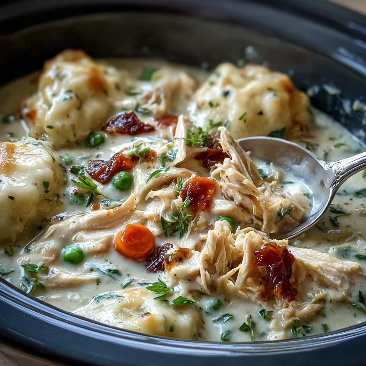 Creamy Slow Cooker Ranch Chicken & Dumplings served in a rustic bowl, garnished with parsley and ready to eat on a cozy table.