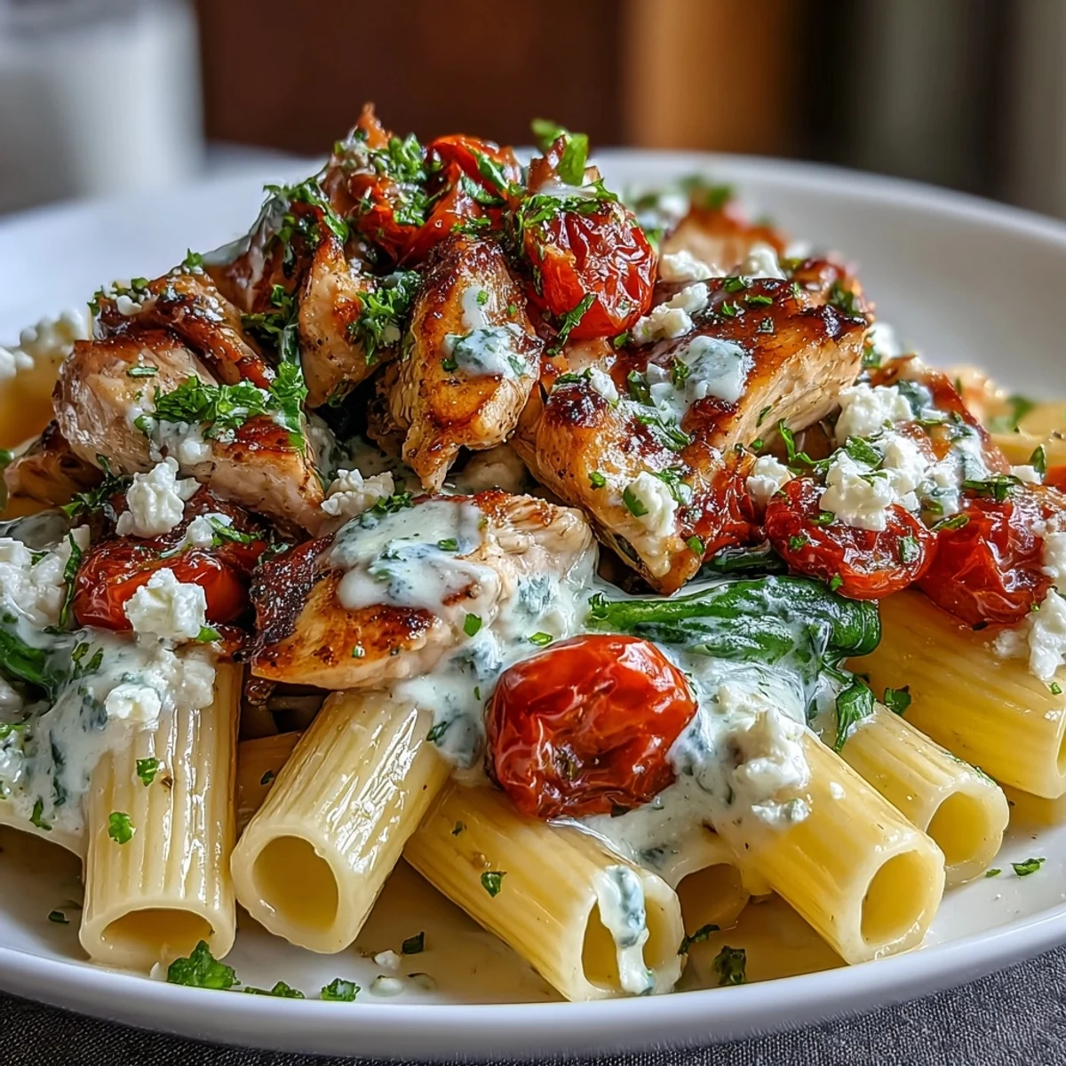 Stuffed pasta with roasted garlic feta chicken pasta topped with fresh parsley and lemon zest.