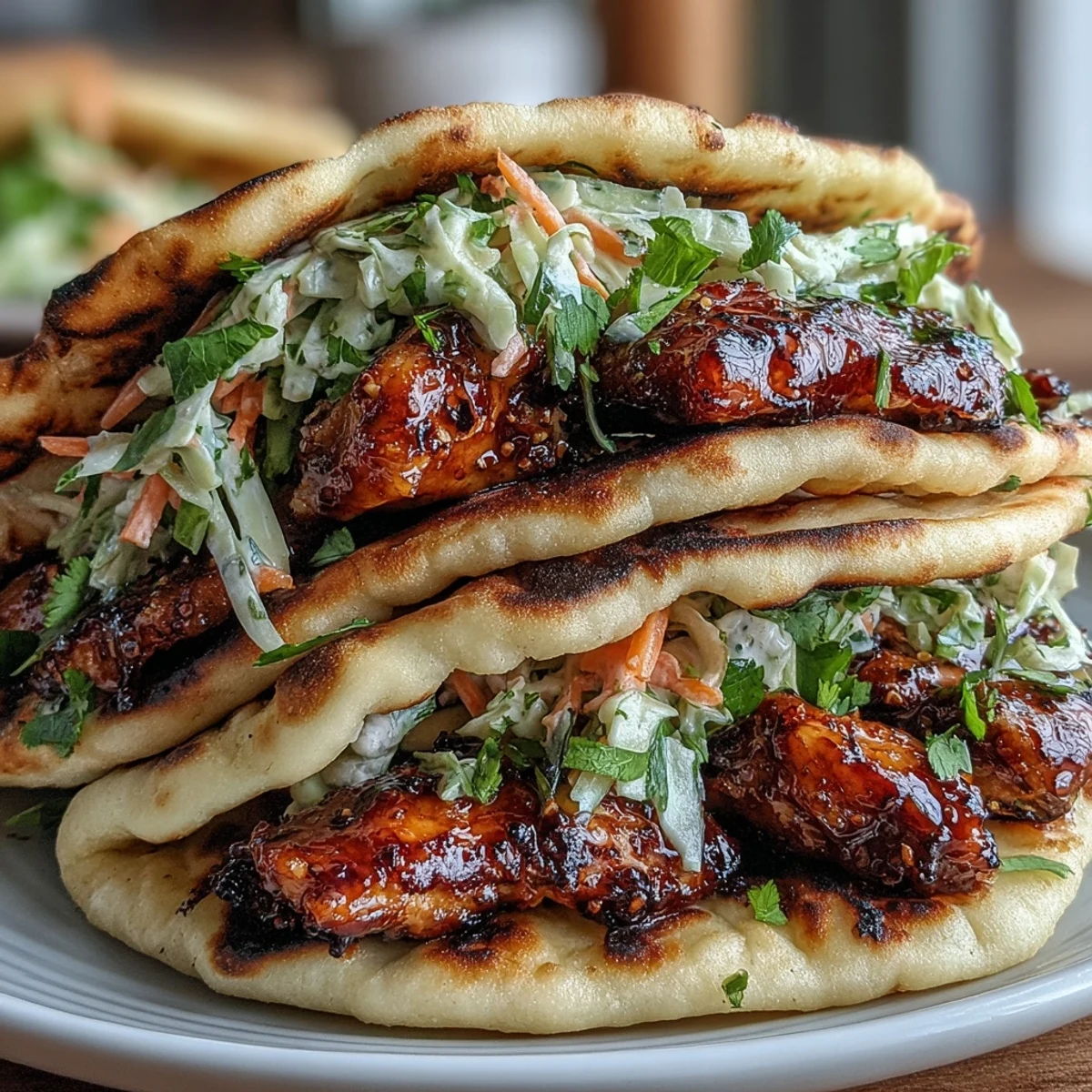 Soczyste kawałki kurczaka w miodzie i czosnku na maślanych plackach naan, z dodatkiem kremowej kołdry z kapusty i kolendry.