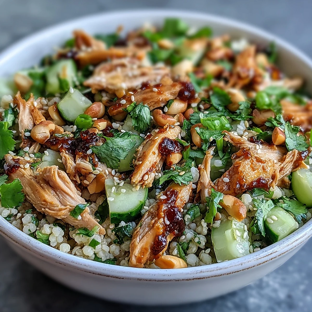 Letnia sałatka Asian Sesame Chicken Couscous Salad podawana na zimno z pokrojonymi ogórkiem i świeżymi ziołami.