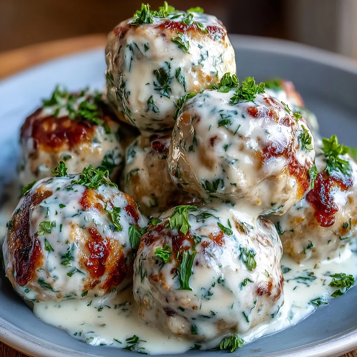 Golden Creamy Garlic Ranch Turkey Meatballs in a garlicky cream sauce, ready to serve.