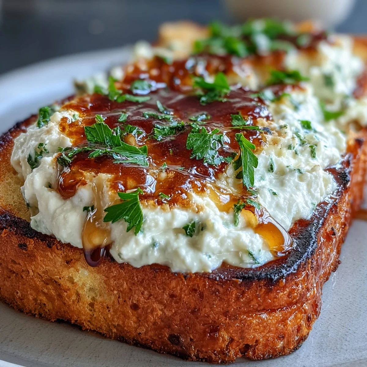 Gorące miodowe grzanki z ricottą i czosnkiem na blasze, skropione miodem pieprzowym i posypane pietruszką