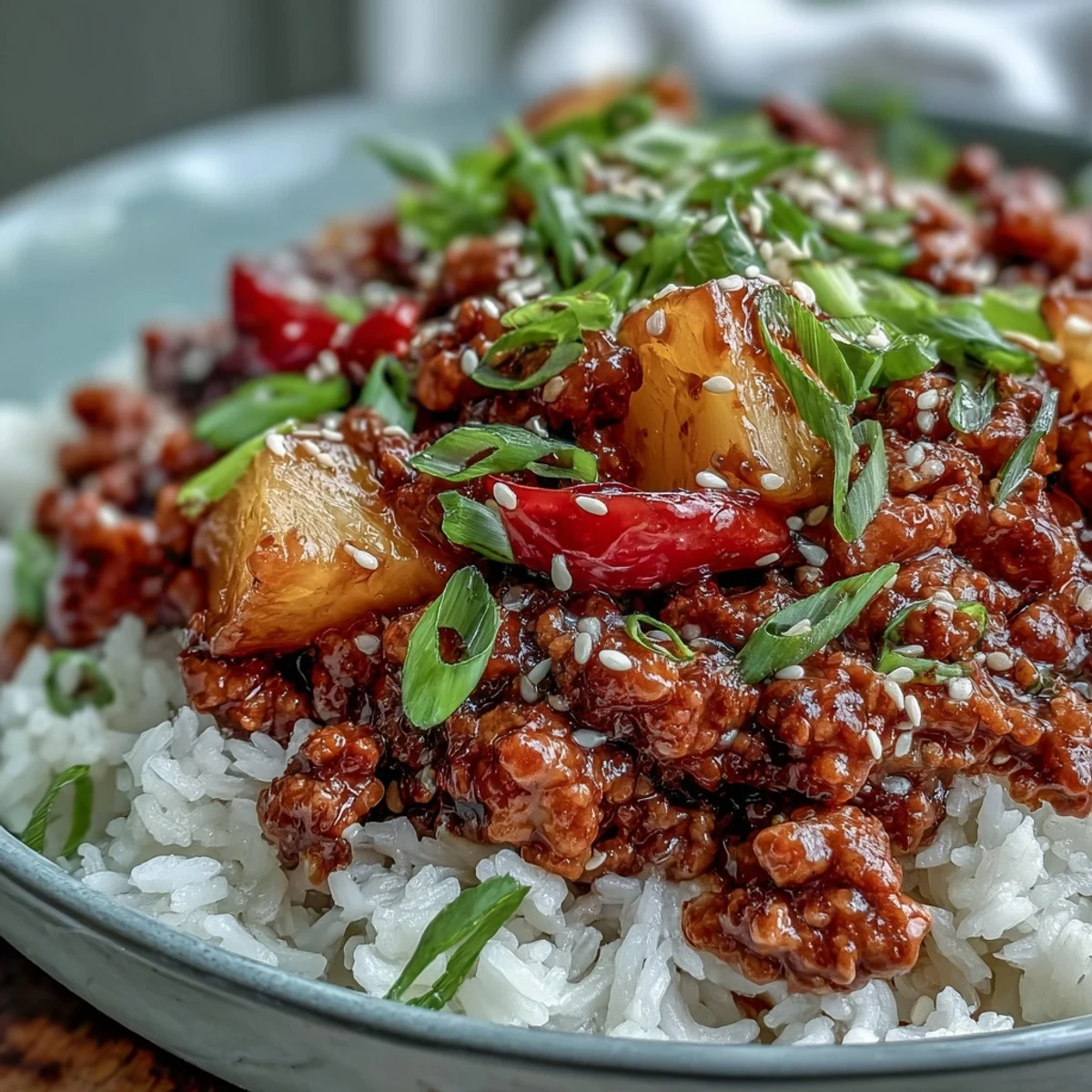 Sweet-and-Sour Turkey Rice Skillet in a pan with bell peppers and pineapple, topped with sunny-side-up eggs and sesame seeds.