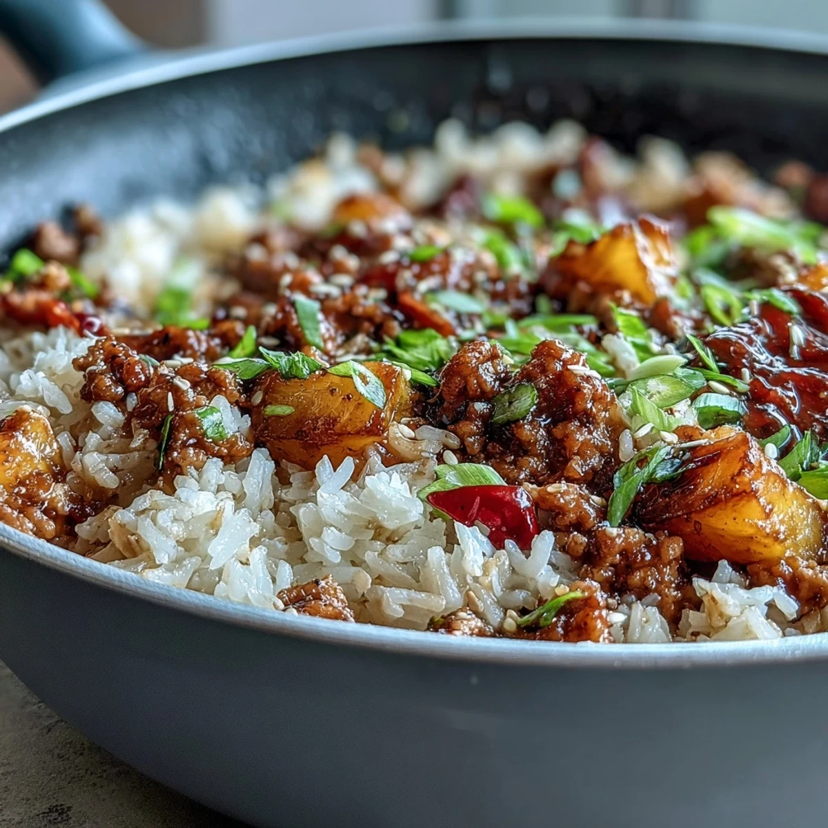 A close-up of sweet-and-sour turkey rice skillet, showing fluffy rice, tender ground turkey, and juicy pineapple chunks.