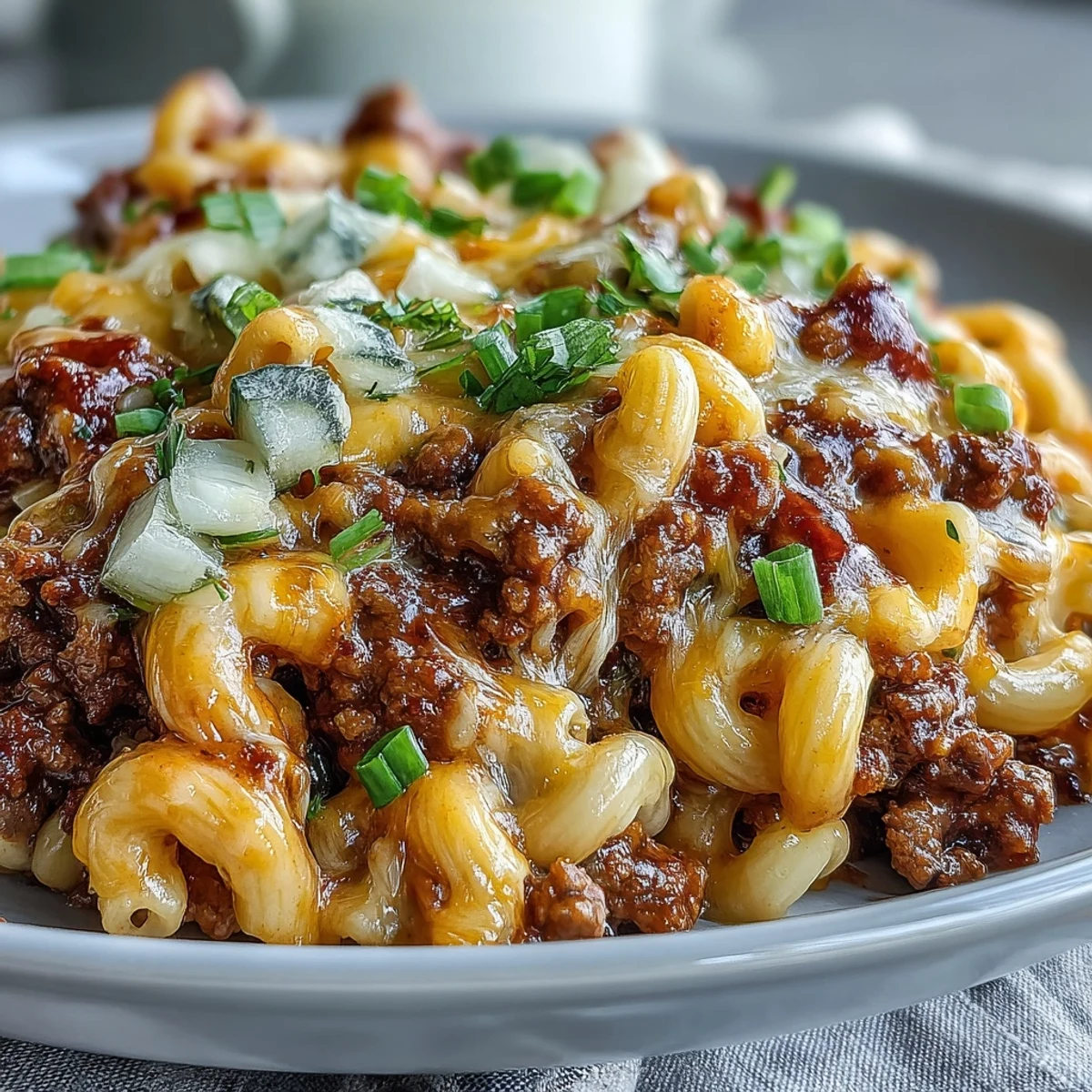 Dymiące się danie z jednej patelni, Cheeseburger Chili Mac z roztopionym serem cheddar i kawałkami wołowiny.