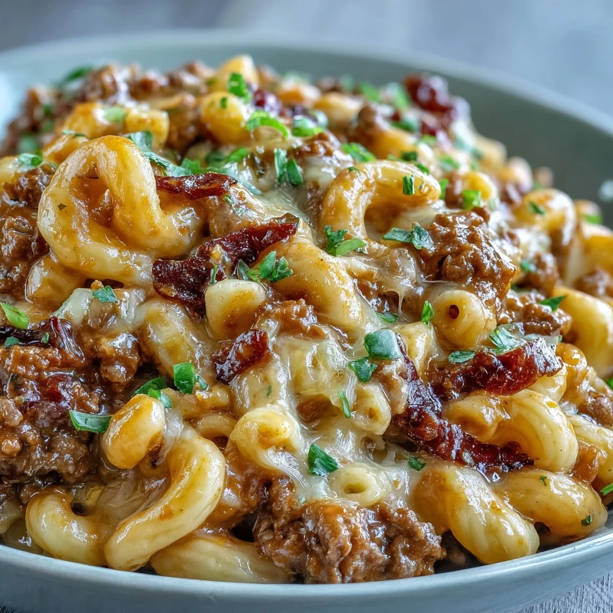 Mieszanka makaronu i chili z piklami, serem i sosem musztardowym na obfity, tygodniowy posiłek.