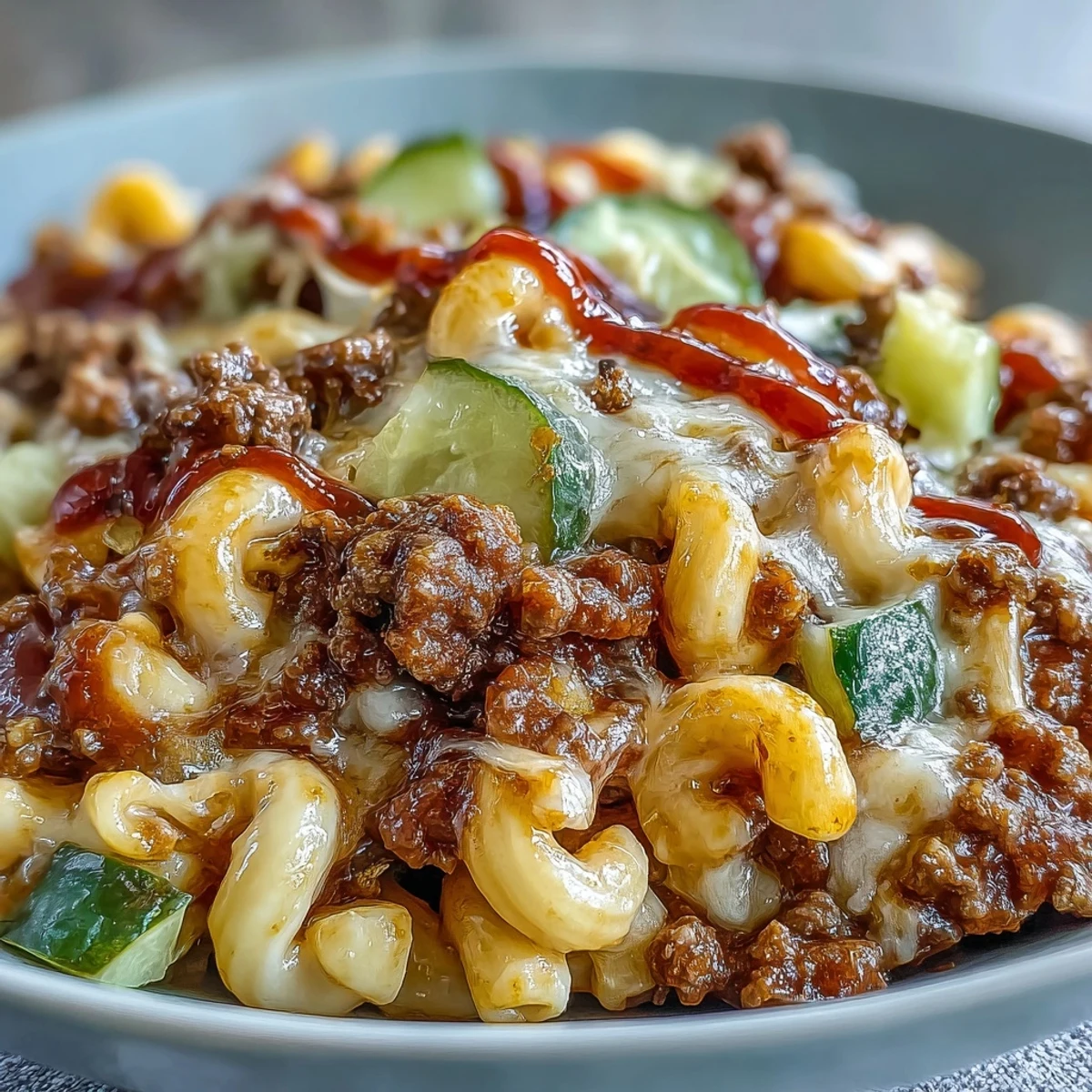 Szybki, jednoporcjowy obiad Cheeseburger Chili Mac z ketchupem, wołowiną i aromatycznymi przyprawami.